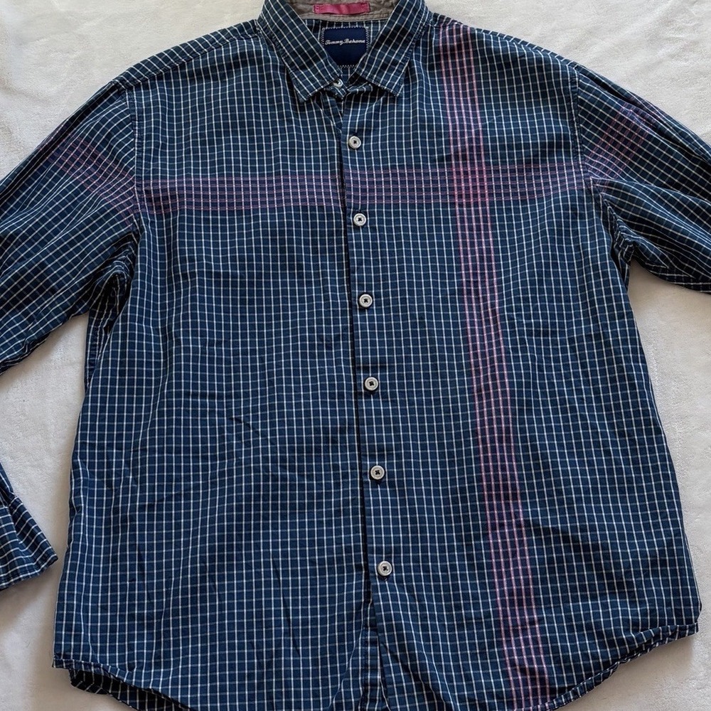 Tommy Bahama Plaid Button Down Shirt L Blue Pink 100% Cotton - Picture 3 of 6